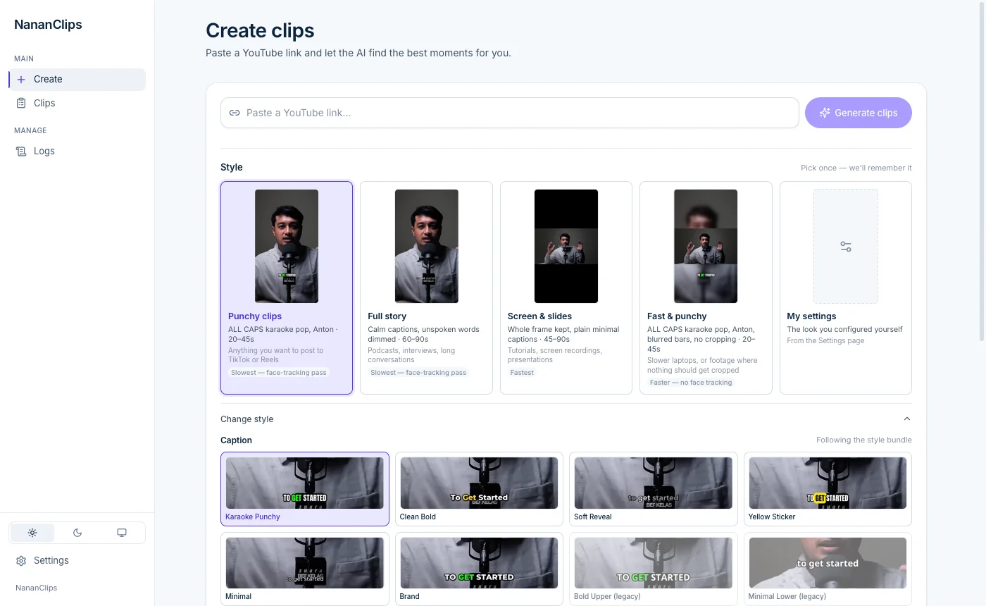 Dashboard Clipper: paste link YouTube, pilih paket gaya dari kartu preview, lalu generate klip pendek otomatis