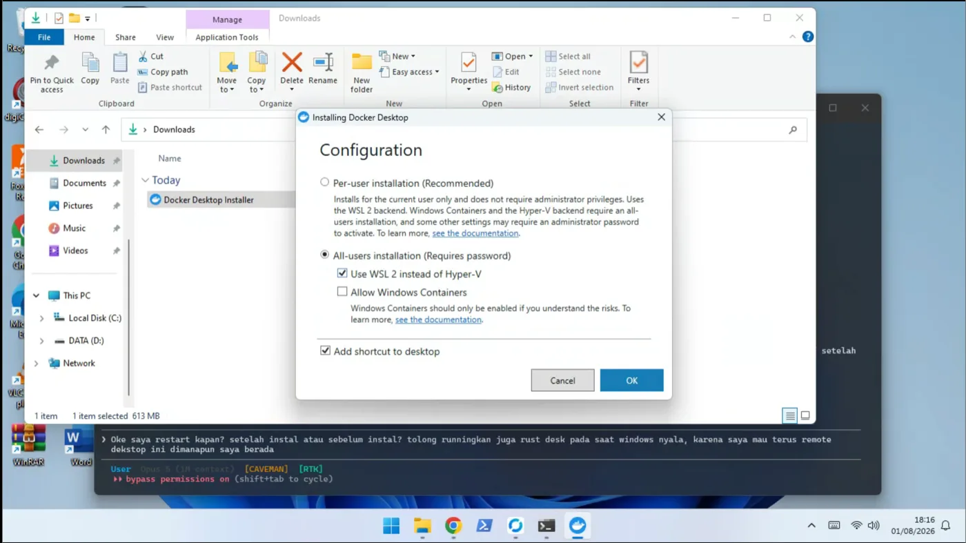 Dialog Configuration saat instalasi Docker Desktop di Windows